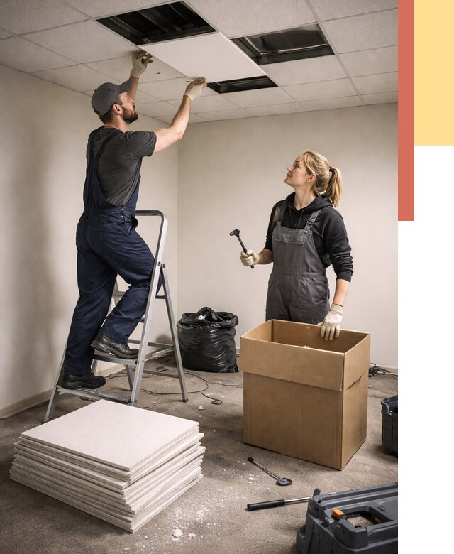 Демонтаж потолочной плитки в Красноуфимске от 4571 руб. быстро и недорого | ОТДЕЛОЧНИК-Крф