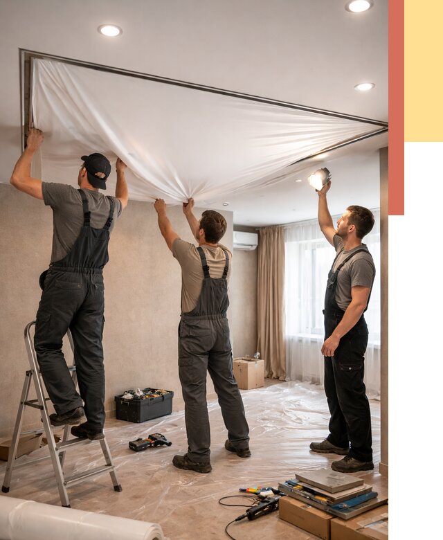 Монтаж ПВХ натяжного потолка в Красноуфимске от 3555 руб. под ключ | ОТДЕЛОЧНИК-Крф