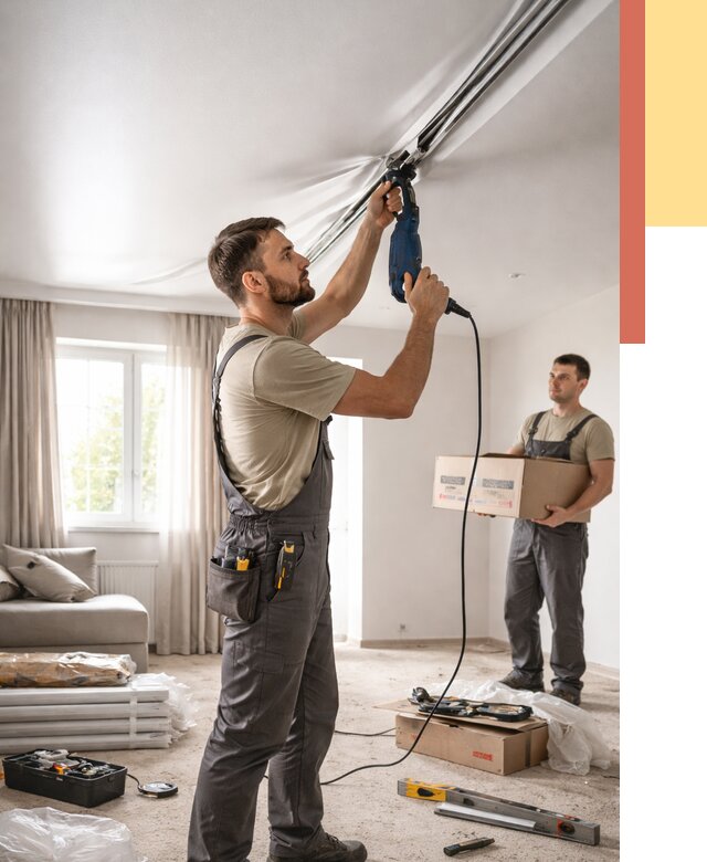 Монтаж сатинового натяжного потолка в Красноуфимске от 3555 руб. | Быстро, недорого — ОТДЕЛОЧНИК-Крф