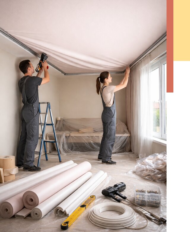 Монтаж цветного натяжного потолка в Красноуфимске от 4266 руб/м² — быстро и недорого | ОТДЕЛОЧНИК-Крф