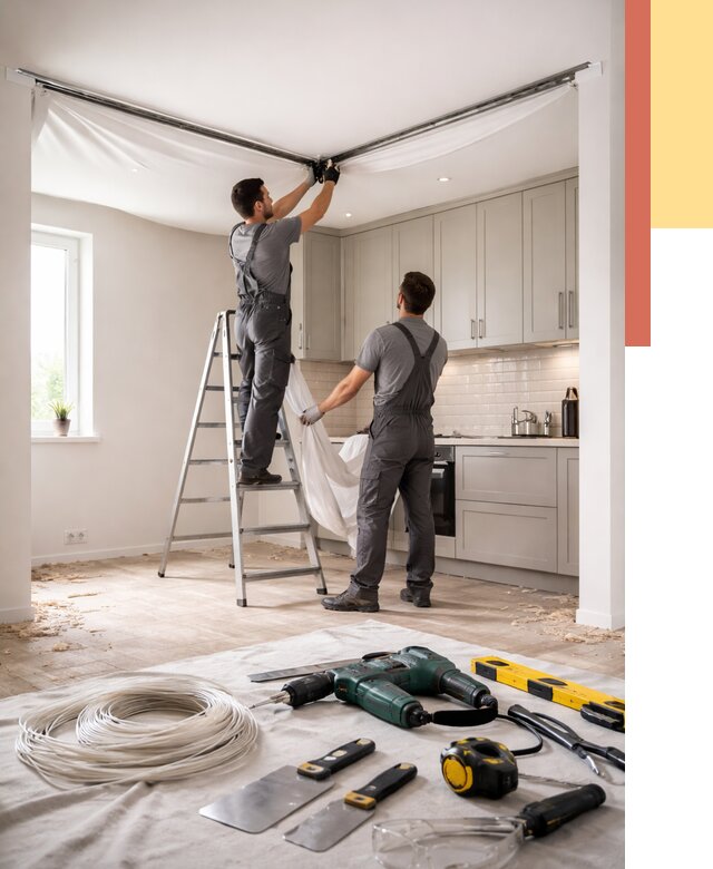 Установка натяжного потолка на кухне в Красноуфимске от 2438 руб. | ОТДЕЛОЧНИК-Крф