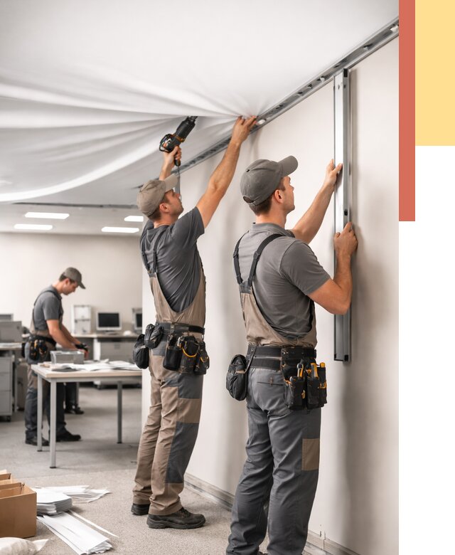 Монтаж натяжного потолка в офисе в Красноуфимске от 457 руб/м² — быстро и недорого | ОТДЕЛОЧНИК-Крф