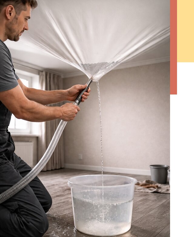 Слив воды с натяжного потолка в Красноуфимске от 2539 руб. быстро и недорого | ОТДЕЛОЧНИК-Крф