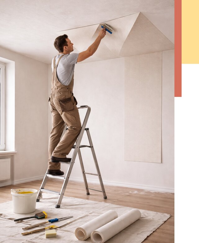 Поклейка обоев на потолок в Красноуфимске от 4571 руб. быстро и недорого | ОТДЕЛОЧНИК-Крф